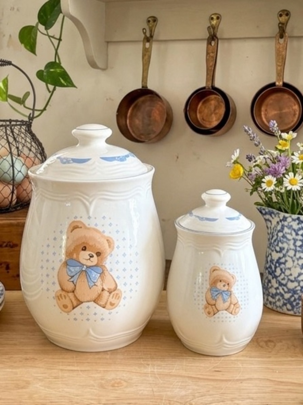 Tienshan Stoneware Vintage Country Bear Canister Set Small and Large Set of 2